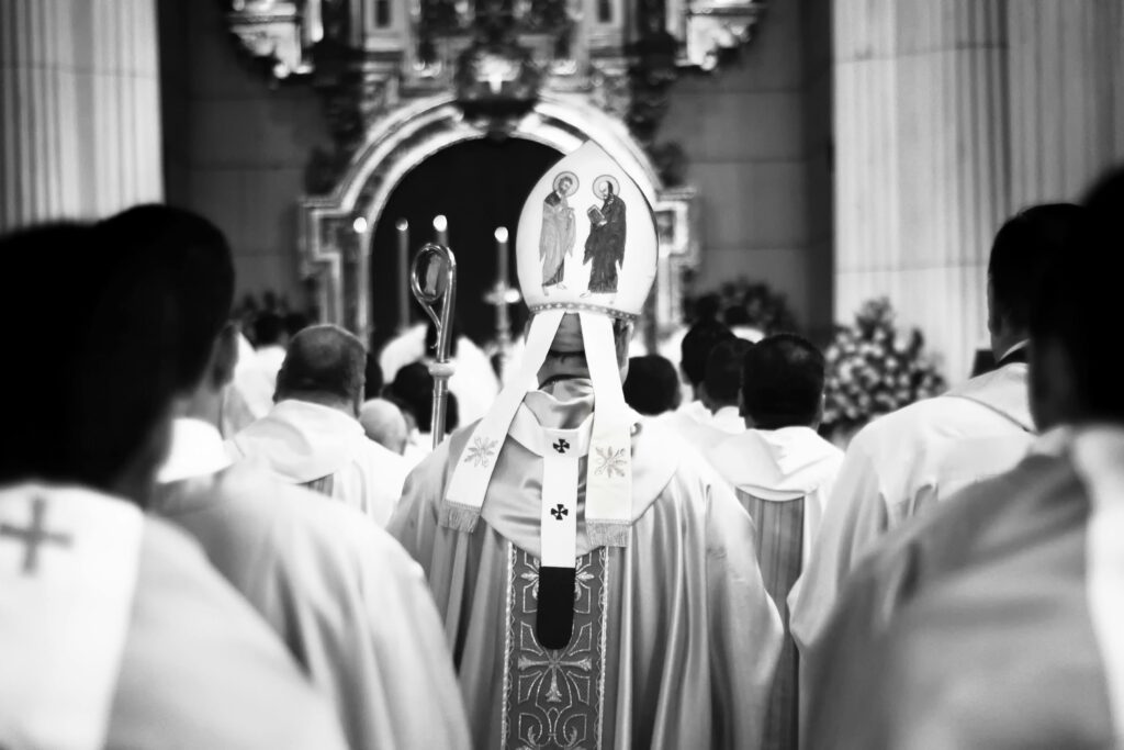 Procession of clergy during a religious ceremony inside a cathedral in Valencia, Venezuela.